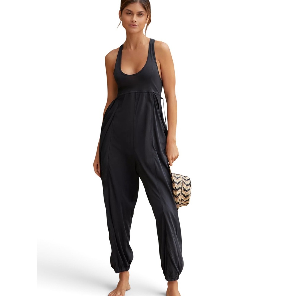 Anthropologie The Bond Jumpsuit Black Open Back Harem Jogger Petite XLP